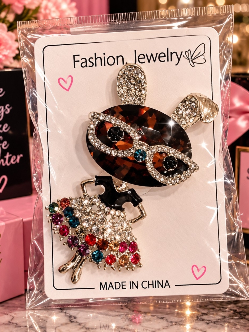 Fashion Jewelry Tortoiseshell Bunny Brooch with Multicolor Rhinestones